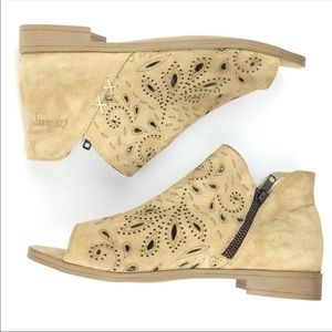 Coolway open toe tan Laser cut suede bootie size 9